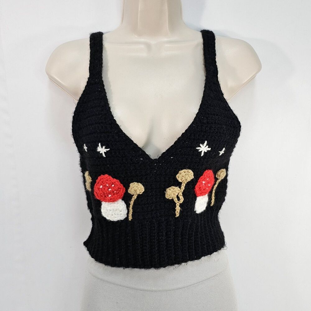 Crochet Mushroom Crop Top Black Knit Festival Tank Boho Cami Bralette Size XS/S